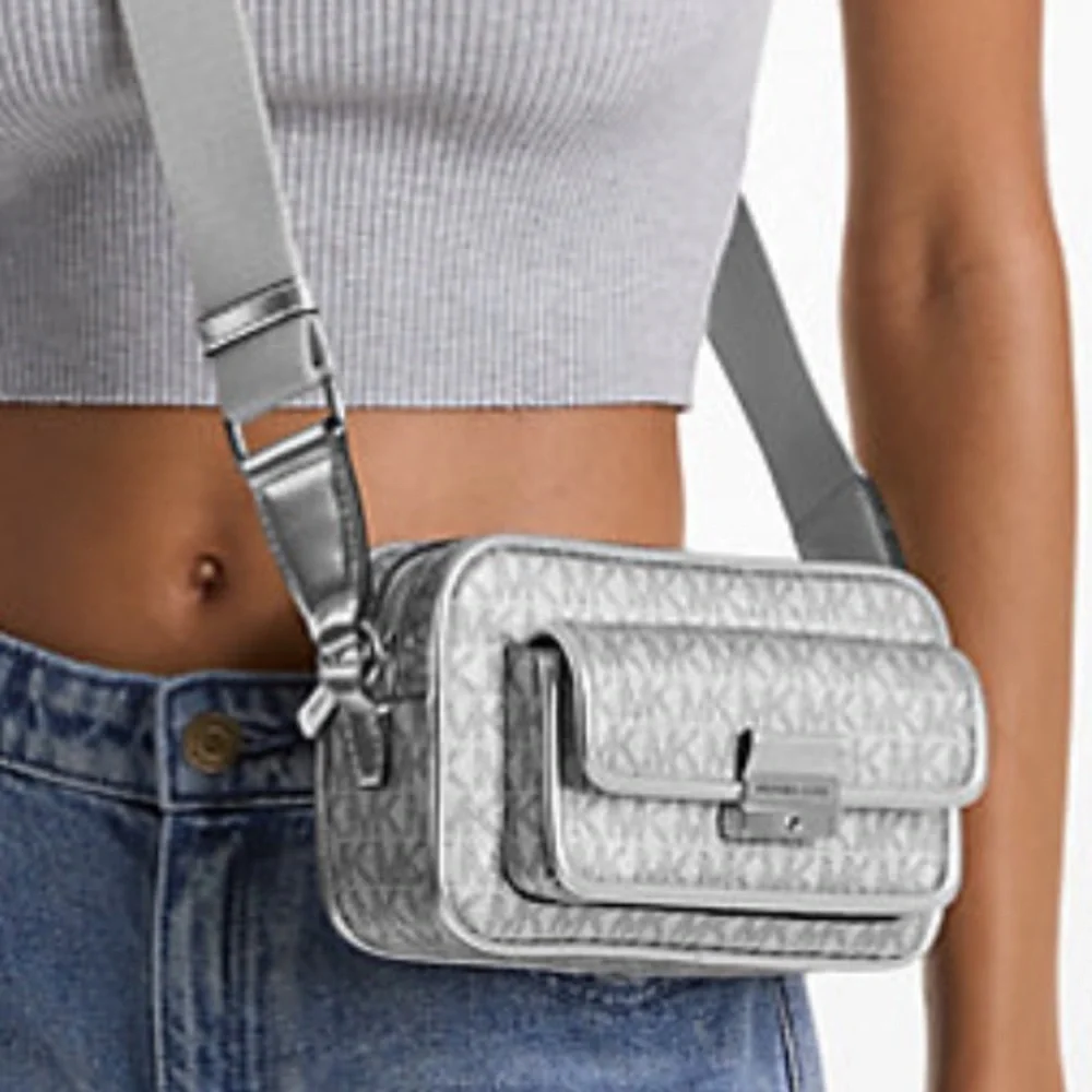 Michael Kors Bradshaw Extra-Small Metallic Signature Logo Camera Crossbody Silv